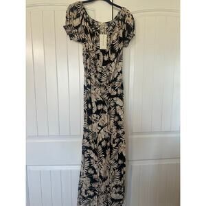 Seven Islands Palm Leaf Tropical Midi Dress Puff Sleeve Black Tan Size M NWT